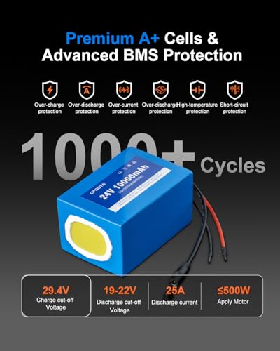 24V 10Ah Lithium Battery with Charger, 24 Volt Rechargeable Battery for Kids Ride-On Toys, DIY Projects, LED Strip Lights, CCTV Cameras and Portable Devices
