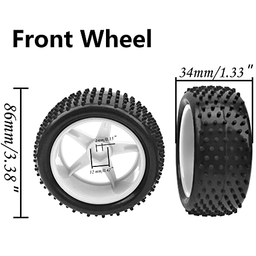 4Pack HIRCQOO OD 88mm/3.46" Front & Rear Rubber Plastic Wheel Rims Tires 12mm Hex Hub Compatible with Redcat Tornado Shockwave HPI HSP ExceedRC Kyosho 1/10 Scale Off Road Buggy (White) - color: White