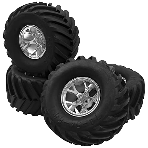 5.31''OD Rubber Tires & Wheel Rim 12mm Hex Hub Compatible with Traxxas Rustler HPI HSP Volcano Tamiya Exceed Himoto 1/10 Off-Road Monster Truck,135mmx73mm (Silver) - color: Silver