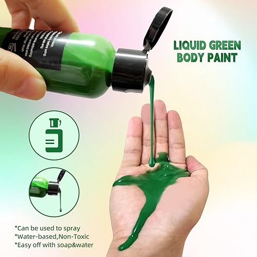 Go Ho Liquid Green Face Body Paint(2.1 oz),Green Based Water Based Face Paint and Body Paint for Airbrush Makeup Special FX, Cosplay, and Halloween Costumes Witch Makeup - color: Green
