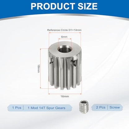 uxcell 1 Mod 14T Spur Gear 6mm Bore, 304 Stainless Steel Pinion Gear, 20°Pressure Angle, for Spur Rack and RC Model Car or Motor DIY - size: 1 Mod 14T, 6mm