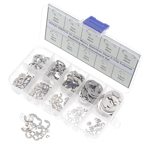 250PCS 10 Sizes Metric External E-Clip Retaining Ring Assortment Kit | 304 Stainless Steel E Circlip Snap Rings for 1.5mm-10mm Shafts with Storage Box