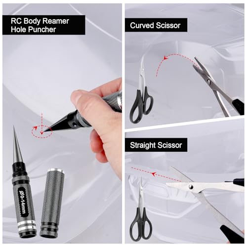 RC Body Reamer Hole Puncher, Curved Scissors & Straight Scissor RC Car Body Mounting 3pc Combo Set,0-14mm Hole (Black) - color: Black