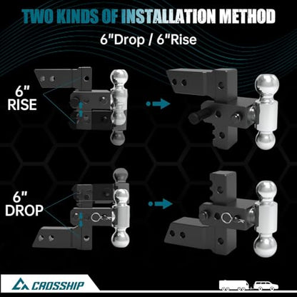 Adjustable Trailer Hitch - Heavy Duty Aluminum Drop Drawbar Hitch - Fits 2.5" Receiver, 6" Drop/Rise, for Truck, SUV, RV(18500 LBS GTW) - color: Black, size: 2.5" 6 Drop-Dual Ball