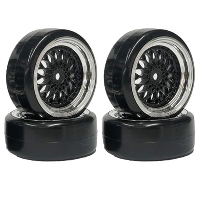 4PCS 1/10 RC Drift Car Tires Smooth Hard Tyre Plastic Plating Wheel Rims Set Replacement for HSP Tamiya HPI Kyosho On-Road Drifting Car (Black Silver) - color: Black Silver