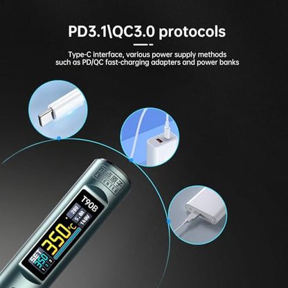T90 Smart Soldering Iron 140W PD3.0 QC Fast Heating Digital Soldering Pen with LCD Display, Portable USB‑C Soldering Tool for Electronics Repair, DIY, PCB Soldering (T90C soldering iron Set)