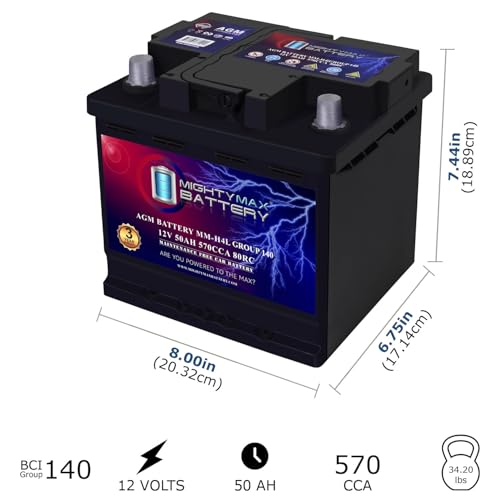 Mighty Max Battery MM-H4L Start and Stop Car BCI Group Size 140 Positive Terminal on Left Side [+ -] 12V 50 AH, 80RC, 570 CCA Rechargeable AGM Car Battery - style: Group 140