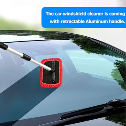 Car Windshield Cleaner Tool, Extendable Handle Pentagonal Vehicle Window Cleaning Kit with 4 Reusable Microfiber Pads & Spray Bottle, Auto Windscreen Detailing Cleaner, Universal Fit (Red) - size: Red