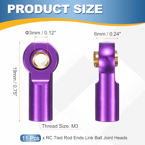 MECCANIXITY Pack of 11 Metal Tie Rod Ends M3xL19mm Steering Ball Purple | Joints Link, for 1/10 RC Hobby Car Truck Crawler DIY Upgrade - color: Purple