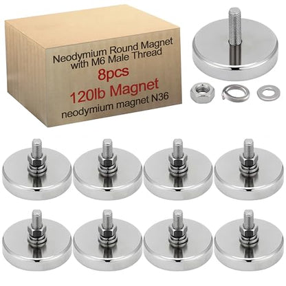 Flutesan 8 Pieces Heavy Duty Round Mounting Magnet with Bolt 1.42in-120lb-M6 Silver with Male Thread Stud Strong Magnet Super Powerful for Lighting Camera Brackets License Plate - color: Silver, size: 1.42in-120lb-m6