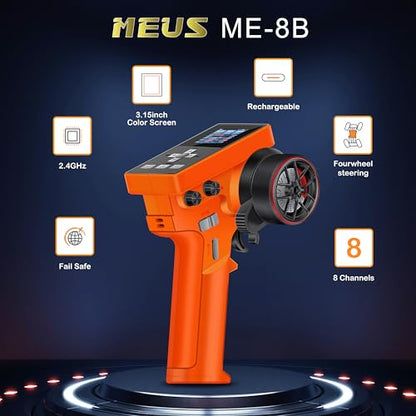 MEUS RACING ME-8B RC Transmitter 8 Channels 2.4GHz and Receiver for 1/8 1/10 1/18 1/24 RC Crawler Car Boat TRX4 TRX4M SCX10 SCX24 Upgrades Parts (Orange) - color: With 08a Receiver, Orange