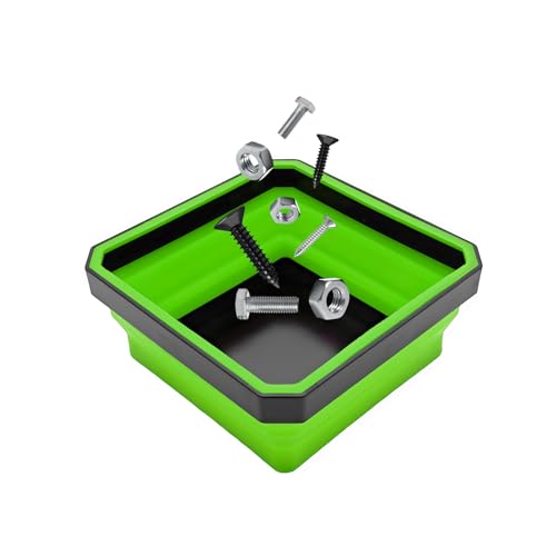 Collapsible Magnetic Parts Tray, 4.5" Square Silicone Tool Tray with Dual-Sided Magnetic Base, Foldable Small Metal Parts Organizer Storage Bowl for Screws Bolts Nuts Washers (Green) - color: Green