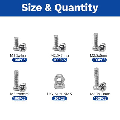 530Pcs M2.5 304 Stainless Steel Metric Micro Screws Nuts Assortment | M2.5x4/5/6/8/10mm Sizes, Phillips Pan Head, Fully Threaded Kit for Arduino, RC Models, Electronics, DIY Projects - size: M2.5x4/5/6/8/10- 530 Pcs