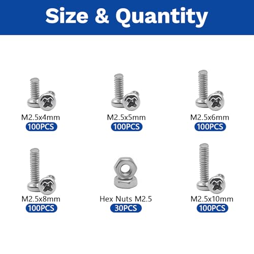 530Pcs M2.5 304 Stainless Steel Metric Micro Screws Nuts Assortment | M2.5x4/5/6/8/10mm Sizes, Phillips Pan Head, Fully Threaded Kit for Arduino, RC Models, Electronics, DIY Projects - size: M2.5x4/5/6/8/10- 530 Pcs