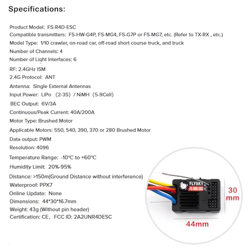 GoolRC Flysky FS-R4D-ESC Receiver, 2 in 1 2.4GHz 4CH Receiver with Speed and LED Control, ANT Protocol PWM Output Compatible with FS-G7P Radio Transmitter for 1/10 RC Crawler On-Road Off-Road Truck