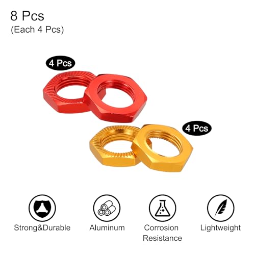 MECCANIXITY Aluminum 17mm RC Wheel Nut Thread M12x1.0mm Hex Wheel Nuts RC Wheel Nut for 1/8 RC Model Car Trucks Off Road Car Upgraded Parts Pack of 8(Red & Gold) - color: Red & Gold
