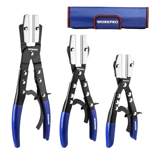 WORKPRO 3-Piece Ratcheting Hose Pinch Off Pliers Set, 8", 10", 12" Locking Hose Pinch Pliers Set with Storage Bag - for Radiator, Coolant, Automotive, Fuel Lines - color: Blue