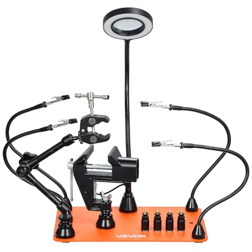 VEVOR Magnetic Helping Hands Soldering Station, 4 Arms Third Hand Tool, with Vise, 3X LED Magnifying Lamp, 4 PCB Holder & 360 Hot Air Gun Holder, Soldering Helper for Electronic Repair Craft Hobby DIY - style: with Heat Gun Holder and Vise
