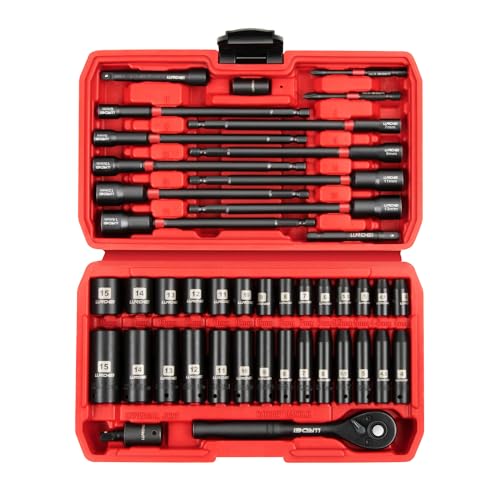 1/4" Drive Socket Set & Nut Driver Set with Ratchet, 44Pcs | 1/4-Inch Sockets Deep&Shallow Metric(4-15mm), 1/4" Hex Shank 6" Long Nut Drivers(6-14mm) for Impact Drill Bits(PH1 PH2) - size: 44PCS Metric