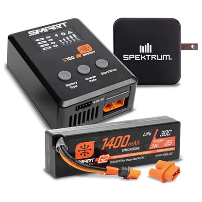Spektrum Accessories Smart Powerstage Bundle: 1400mAh 2S 30C LiPo Battery (IC2) / S100 Charger / 65W Power Block/Adapter, SPMXPSS215