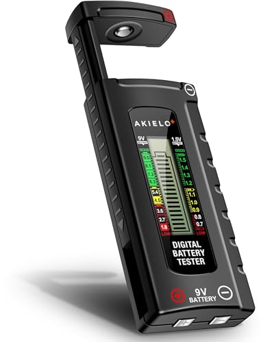AKIELO+ Digital Battery Tester – Easy Read LCD Display – No Battery Required – Universal Household Battery Checker for Size AA AAA C D 9V 1.5 Cell (Batteries Not Included) - size: 1 Pack