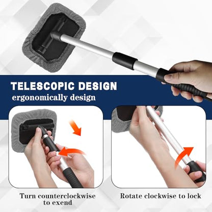 Windshield Cleaning Tool, Car Window Cleaner, Vehicle Window Cleaner with Extendable Handle & 2 Washable Microfiber Pads, Car Interior Glass Wiper Cleaning Kit for Most Vehicles (Grey) - color: Grey
