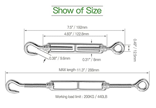6PCS M8 Hook & Eye Turnbuckle 304 Stainless Steel Turnbuckle Wire Rope Tension Heavy Duty Turnbuckles for Cable Railing Wire Rope Hardware Kit (M8, Hook & Eye) - style: Hook & Eye-M-8