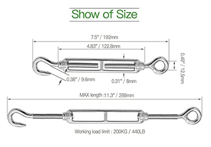 6PCS M8 Hook & Eye Turnbuckle 304 Stainless Steel Turnbuckle Wire Rope Tension Heavy Duty Turnbuckles for Cable Railing Wire Rope Hardware Kit (M8, Hook & Eye) - style: Hook & Eye-M-8