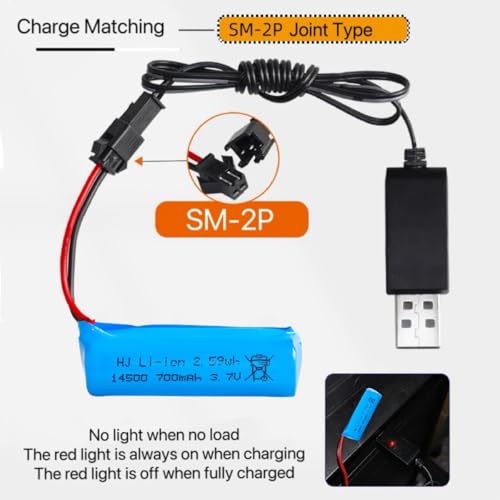 3.7V RC Car Battery 700mAh Rechargeable Li-ion Battery SM-2P Joint for Double Sided RC Stunt Car RC Car RC Boat Tumbling Amphibious RC Car RC Truck and C63 E35 DE38 DE40 DE50 DE55 and USB