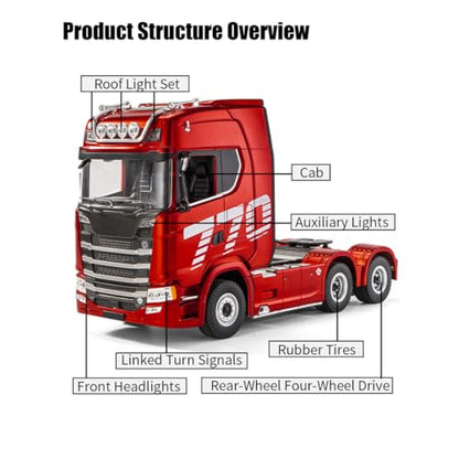 770S 1/18 RC Semi Trailer, 6x4 Heavy Duty Tractor Truck with Rear Wheel Drive, Adult Collectible Model (1501) - color: Red