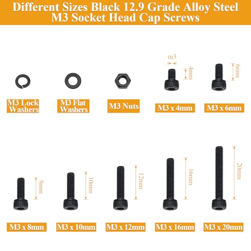 565 Pieces M3 Screws Nuts Washers Set Black, Sutemribor M3 x 4/6/8/10/12/16/20mm Hex Socket Head Cap Screws Nuts Washers Assortment Kit, 12.9 Grade Alloy Steel, Fully Threaded - size: M3, style: Socket Head