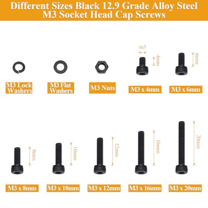565 Pieces M3 Screws Nuts Washers Set Black, Sutemribor M3 x 4/6/8/10/12/16/20mm Hex Socket Head Cap Screws Nuts Washers Assortment Kit, 12.9 Grade Alloy Steel, Fully Threaded - size: M3, style: Socket Head