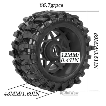 1/16 RC Wheels and Tires 4PCS, RCHuiWow 12mm Hex Plastic Rim Tires Set for 1/16 M-J-X16207-210,H-B-X16889-890,S-C-Y16101-106,Summit E-Revo Gorgon Grom,Mini Kraton 3S RC Truck Upgrades,Black&Red - color: Black&red(4pcs)
