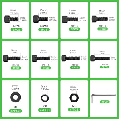177 Pieces M6 x 8/10 /12/14 /16/18 /20 /30mm Socket Head Screws M6 Long Screws Metric Screws Bolts Washers Nuts Kit Machine Screw Assortment Kit 12.9 Grade Alloy Steel Fully Threaded for Furniture - size: M6x8/10/12/14/16/18/20/30mm-177Pcs