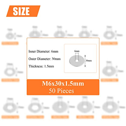 HELIFOUNER 50 Pieces M6x30x1.5mm Fender Washers, 304 Stainless Steel Large Fender Washers, Inner Diameter 6mm, Outer Diameter 30mm, Thickness 1.5mm - size: M6x30x1.5mm