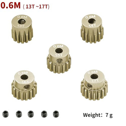 M0.6 Pinion Gear Set 3.175mm 13T 14T 15T 16T 17T 5PCS 7075 Aluminum Alloy Metal Pinion Motor Gear for 1/10 RC Car Brushed Brushless Motor (5PCS)… - size: 0.6M-P-13-17T