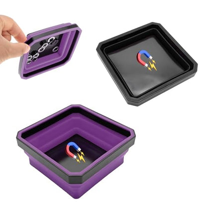 Yourkar Collapsible Magnetic Parts Tray, 4.5 Inch Foldable Magnetic Square Silicone Tray, Tool Tray Set with Double-Sided Magnetic Base for Screw Bolts Nuts Pins, Car Accessories (Black+Purple, 2PCS) - color: Black+Purple, 2PCS