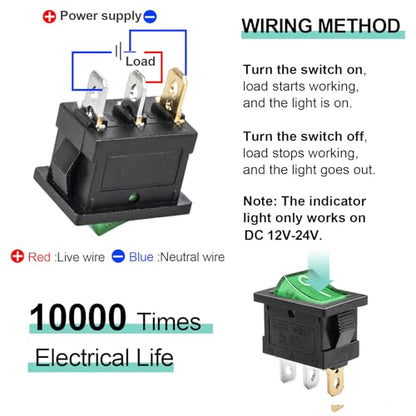 5 Pack KCD1 SPST On/Off Green LED Boat Rocker Toggle Switch | 3-Pin 2-Position Snap In, Only for DC 12V-24V 20A - color: Green, size: DC 12V-24V 20A - Not Pre-Wired