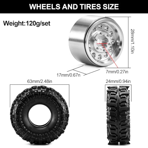 1.0" Beadlock Aluminum Wheels and Soft Rubber Tires for Axial SCX24, Traxxas TRX-4M, FMS FCX24, 1/24 1/18 RC Crawler Upgrade, Pre-Assembled Set of 4, Wrench Included (Silver-Gray) - color: Silver-gray