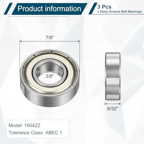 uxcell 3 Pcs 1604ZZ Deep Groove Ball Bearing 3/8" x 7/8" x 9/32" Double Metal Sealed, Chrome Steel Bearings - size: 1604ZZ 3/8" x 7/8" x 9/32"