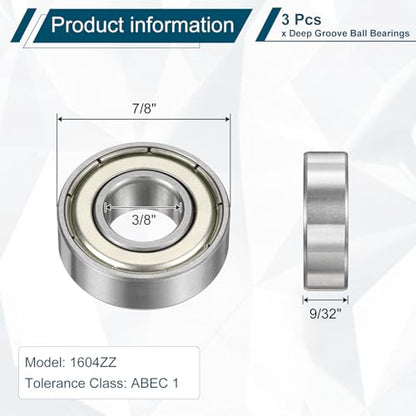 uxcell 3 Pcs 1604ZZ Deep Groove Ball Bearing 3/8" x 7/8" x 9/32" Double Metal Sealed, Chrome Steel Bearings - size: 1604ZZ 3/8" x 7/8" x 9/32"