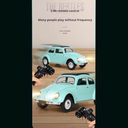 1/16 Scale D62MINI Retro RC Beetle Car, 2.4GHz 4CH Retro Racing Sport Car with High Speed & LED Light, Mini Drift Cars Gift for Adult(Blue/2 Battery)
