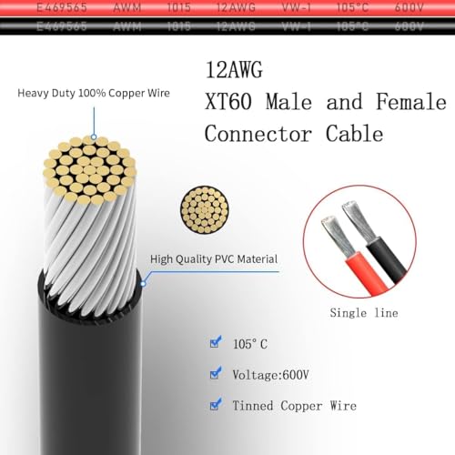 ELFCULB 5 Pairs XT60 Plug Male and Female Connector with 12AWG Cable XT60 Connector for RC Lipo Battery Drone(6Inches) | Prewired XT60 male and female leads simplify connector replacement, battery harness repairs, and custom power wiring.