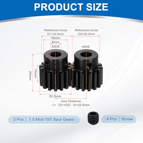 uxcell 2Pcs 1.5 Mod 15T Spur Gear 8mm Bore, 1045 Steel Pinion Gear Black Surface Treatment, 20° Pressure Angle, for Spur Rack and RC Model Car or Motor DIY(18mm) - size: 1.5 Mod 15T, 8mm x 18mm
