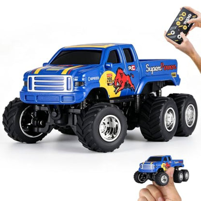 Mini Rc Truck, 1:64 Scale Monster Truck Remote Control Car with Lights, 2.4Ghz Remote Control, Mini Alloy Monster Truck Rc, Speed/Steering Adjustable (Blue) - color: Blue