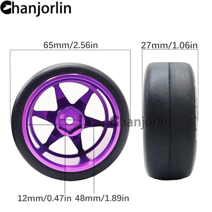 RC 1/10 Drift Tires & Aluminum Wheels 12mm Hex OD 65mm Hard Drift Racing Smooth Tyres for 1:10 1/12 Rally Street On Road Touring Car TT01 TT02 XV02 XV01 TA06 HPI KYOSHO PTG2 4PCS (Purple) - color: Purple
