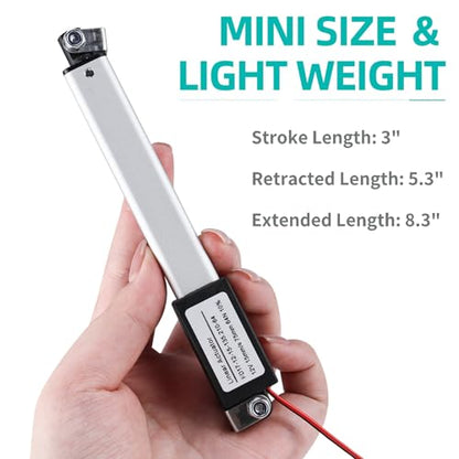 12V Mini Electric Linear Actuator 3" Stroke, 64N/14lbs, Speed 15mm/s, Linear Motion Actuators w/Mounting Brackets, for Sofa, TV, Table, Cabinets, Window Opener, Robotics, Home Automation - size: 3 Inch