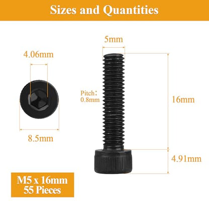 55 Pieces M5 x 16mm Socket Head Cap Screws, Thread Pitch 0.8mm, Sutemribor M5 Black Screws, 12.9 Grade Alloy Steel, Black Oxide Finish, Fully Threaded - size: M5 x 16mm, style: Socket Head