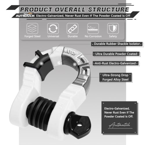 AUTMATCH D Ring Shackles 3/4" Mega Shackle (2 Pack) 68,000Ibs Break Strength - Heavy Duty Clevis Shackles with 7/8" Screw Pin and Isolator Washer for Tow Strap Winch Off Road Vehicle Recovery, White - color: White & Black