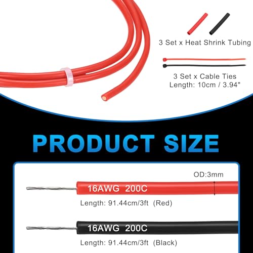MECCANIXITY 16 Gauge Silicone Electrical Wire Cables, 16 AWG 3ft Black and 3ft Red Electrical Wires High Temp 600V 200C Flexible Stranded Tinned Copper Wires Automotive Cable with Accessories - size: 16 Gauge 1m/3ft